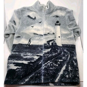 Vtg Art Unlimited Lighthouse Fleece 2XL? Jacket Blanket Pockets 90's Boat Beach